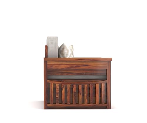Image of Solid Sheesham Wood Diwan Bed for Living Room & Bedroom | Modern Wooden Sofa Cums Bed with Side Storage Rack | Multipurpose Day Bed for Home Furniture (Honey Finish)
