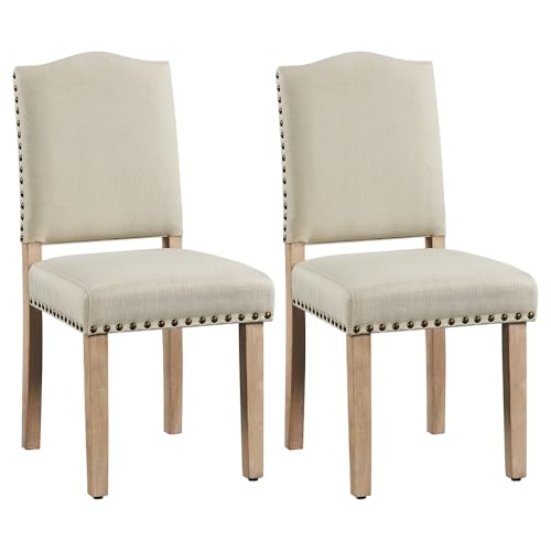 Yaheetech 2PCS de Sillas de Comedor de Respaldo Alto, Sillas de Cocina, Piernas de Madera Maciza, Diseño Clásico, Reposabrazos con Botones de Bronce y Asientos Acolchados Beige