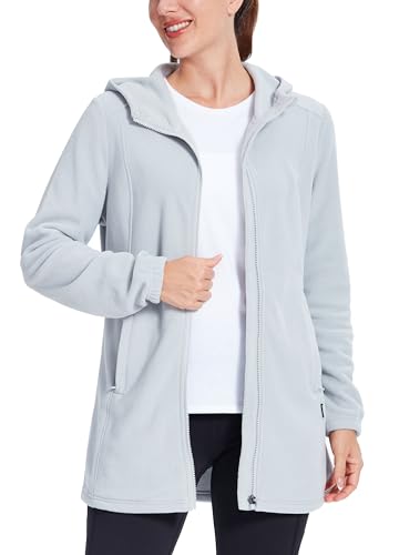 Willit Women's Long Fleece Jacket Full-Zip Thermal Fleece Hooded Jacket Lightweight Winter Coat Gray S