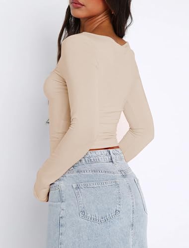 Image of Women Sweetheart Neckline Basic Fitted Tops Long Sleeve Going Out Crop Tops Ruched T Shirts