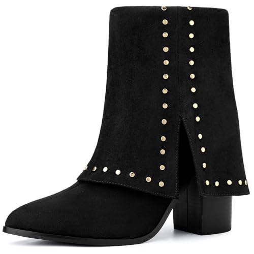 Perphy Fold Over Boots Pointy Toe Block Heel Studded Ankle Boots for Women