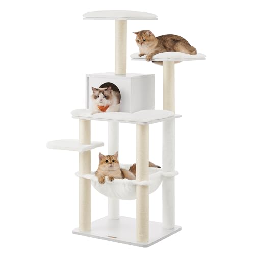 Feandrea Arbre à Chat, Tour de Jeux de 138 cm, Niche, Meuble pour Chat, Multiniveau, avec Griffoirs, Hamac, Plate-Forme, Tissu Peluche Doux, Housse Lavable, Blanc Nuage PCT164W01