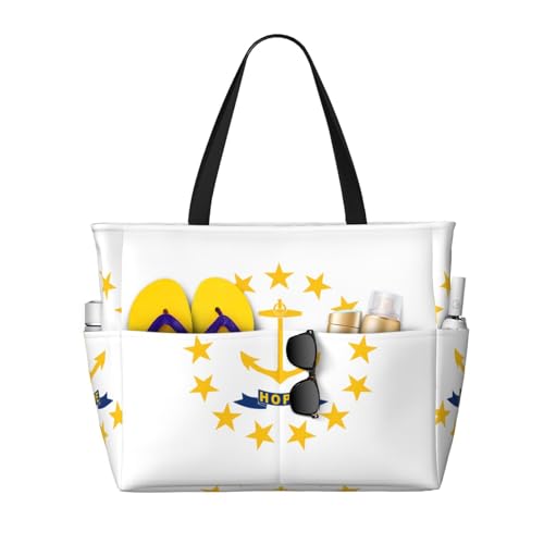 Rhode Island State Flag Large Capacity Beach Travel Bag, Foldable Beach Bag with Zipper, Great for Grocery Bag Pool Gym Travel Shopping