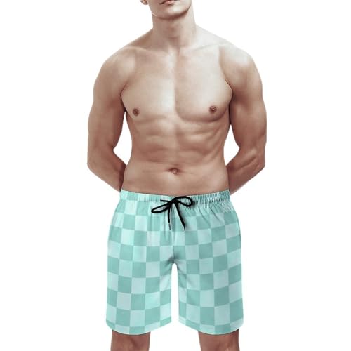 Hawaiian Shorts for Men - Comfy Mint Checker Print Mens Swim Trunks Bathing Suits with Mesh Lining3