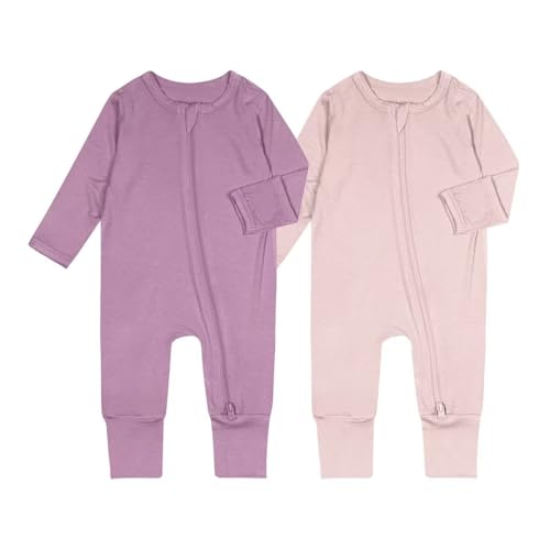 Teach Leanbh Baby Boys Girls 2 Pack Bamboo Viscose Pajamas with Mitten Cuffs 2 Way Zipper Long Sleeve Romper Sleep and Play