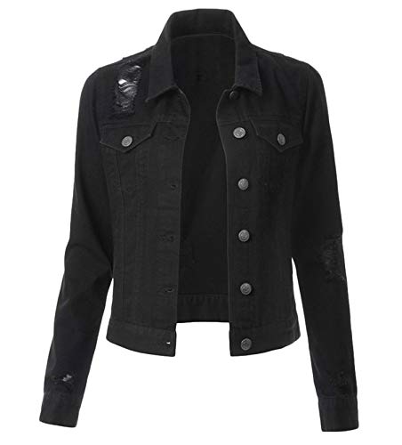 Soluo Women's Casual Long Sleeve Button Down Denim Jacket Classic Stretch Lightweight Vintage Washed Boyfriend Coat (Black,Medium)