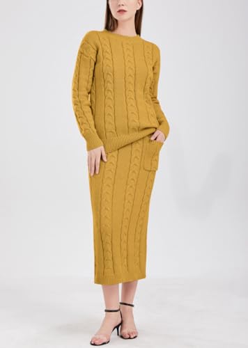 Image of chouyatou Women Winter Casual Chunky Cable Knit Long Pencil Skirt 2 Piece Outfit Oversized Pullover Sweater Sets