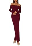PRETTYGARDEN Women's 2025 Fall Sweater Dress Long Sleeve Off Shoulder Slit Maxi Bodycon Cocktail Party Dresses (Wine Red,Small)