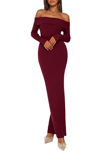 PRETTYGARDEN Womens Fall Sweater Dress 2026 Long Sleeve Off Shoulder Slit Maxi Bodycon Cocktail Party Dresses Spring Fashion (Wine Red,Large)