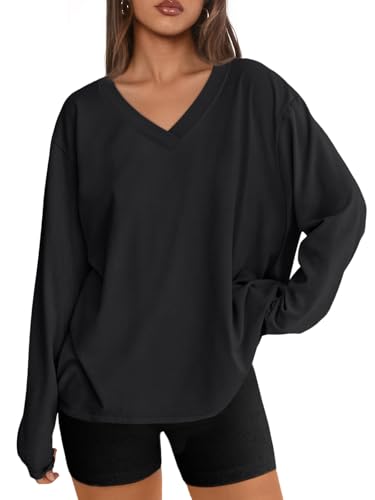 Trendy Queen Oversized Tshirts for Women Workout Plus Size Gym Tops V Neck Long Sleeve T Shirts Spring Casual Basic Tees