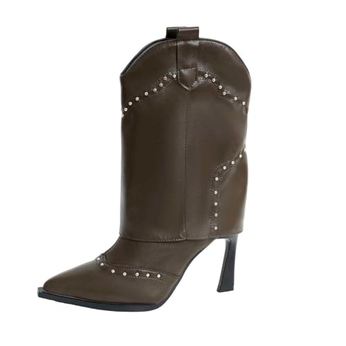Bottes pointues élégantes avec hauteur moyenne du mollet, design clouté et bout pointu pour un western tendance, marron, 39 EU
