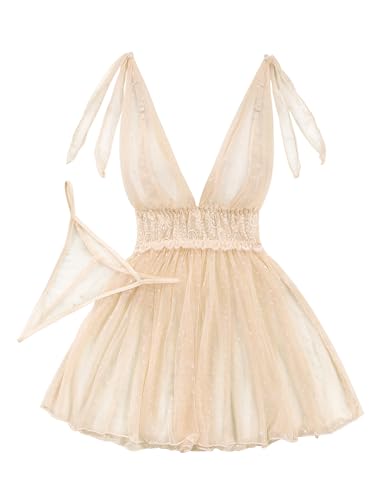 Image of Lilosy Sexy Polka Dots Mesh Sheer Lace Babydoll Chemise Lingerie Set Floral Sleep Wear