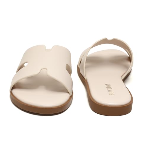 Image of Womens Flat Sandals Dressy Summer Slides Comfortable Casual Open Toe Vacation Sandals Slip On Slides Leather Sandals for Women