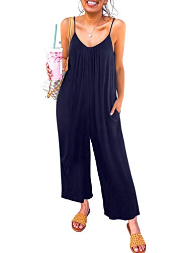 Happy Sailed Women's Casual Loose Jumpsuits Adjustable Spaghetti Strap Blue Long Rompers with Pockets Small