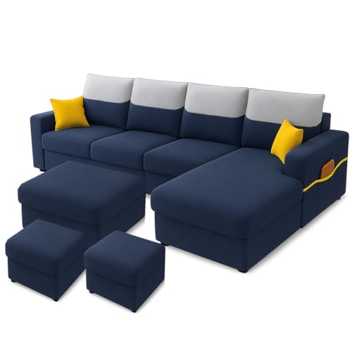 Image of Furny Tokiaa 8 Seater Fabric RHS L Shape Sofa Set with 1 Centre Table & 2 Puffy (Blue) | Soft Velvet Fabric | Modern Design | Comfortable Seating | Living Room Furniture