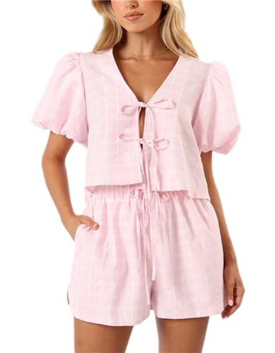 Image of Yuemengxuan Women Y2k Peplum Shirt Shorts Set Two Piece Lounge Set Pajamas Sets Puff Sleeve Tie Front Top 2pcs Pj Outfits