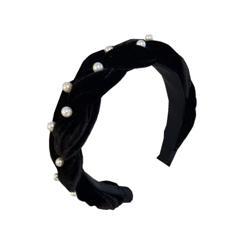 LSHEQYI Pearl Headbands Faux Pearl Velvet Pearl Women Headband Pearl Hair Bands, Black, Pack of 1