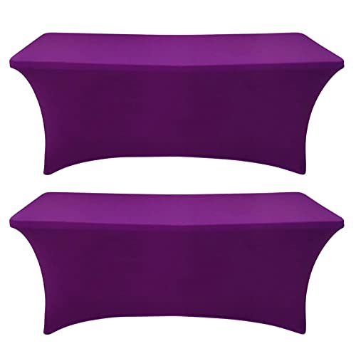 Image of SEPARO 2 Pack 8 Ft Purple Table Cover Fitted Rectangular Tablecloth Stretchable Fabric Table Cloth 8 ft Wrinkle-Free for Party Tradeshows Banquet Weddings Cocktail