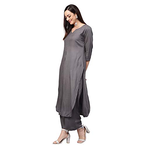 Image of idaLia Rayon Solid Straight Brown Kurta Set for Women with Palazzo 3 /4 Sleeve, Round V Neck Designer Kurta with Palazzo Pant Set