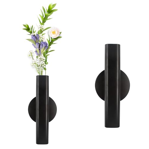 AUXBC 6.3" Wall-Mounted Flower Tube, Top/Bottom Open Vase, Adhesive Metal Flower Open Tube Decoration Holder for Flower Display, Home Office Living Room Bedroom Decoration, 2pcs(Black)