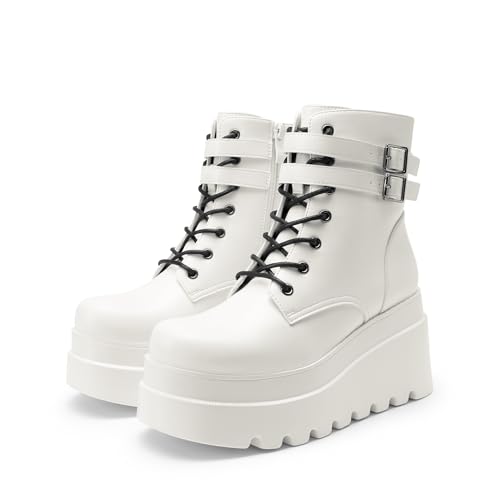 DREAM PAIRS Women Platform Combat Ankle Boots Goth Chunky High Heel Lace Up Motorcycle Booties,Size 9,White,DWUMAB2519