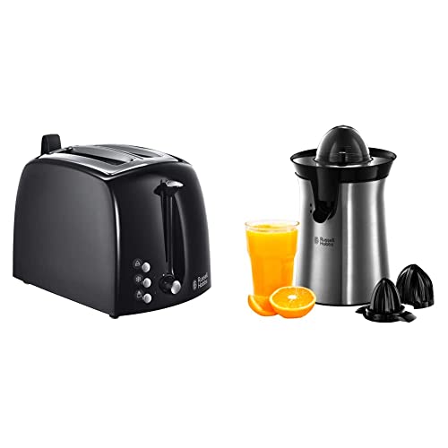 Russell Hobbs Presse Agrumes Electrique, 2 Sens Rotation, 2 Cônes Interchangeables, Jus de Fruit Frais Rapide - Inox 22760-56 & Toaster Grille-Pain Fentes Larges - Noir 22601-56 Texture