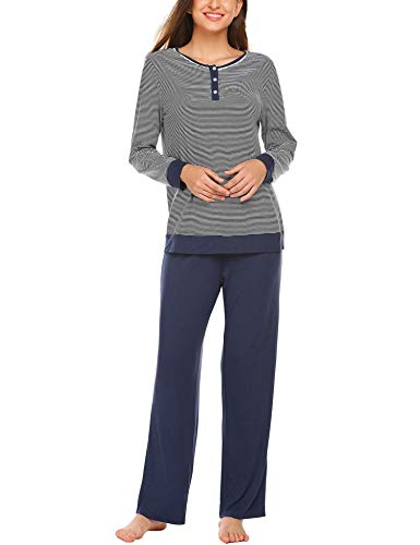 Ekouaer Womens Cotton Pajama Set Striped Long Sleeve Sleepwear Henley Top with Pants Ladies' 2 Piece Lounge Set
