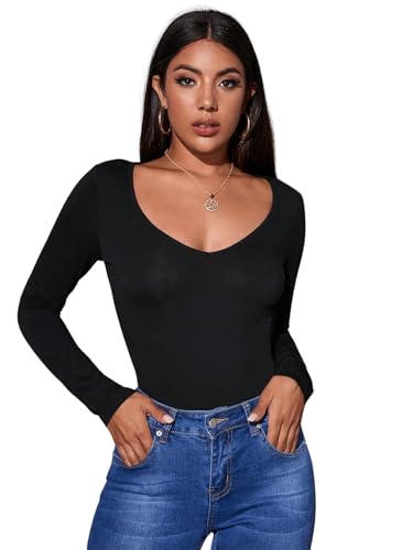 Image of Aahwan Women Cotton Blend Solid V-Neck Full Sleeves Fitted Tee Top