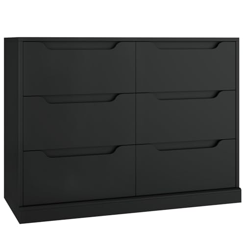 HOSTACK Modern 6 Drawer Dresser for Bedroom, Double Chest of Drawers with Storage, Large Wooden Storage Dresser Organizer with Cut-Out Handles, Accent Storage Cabinet for Living Room, Entryway, Black