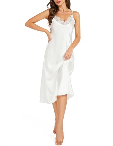 Image of Litherday Silk Nightgown for Women Long Satin Slip Dress Nightdress Silky Chemise Nightie Soft V Neck Nightwear