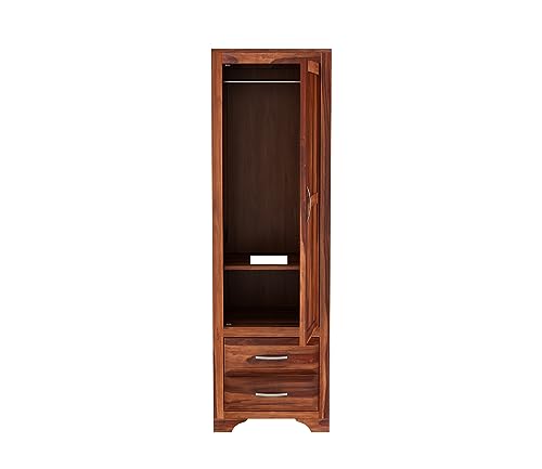 Image of Sheesham Wood Wooden Single Door Wardrobe Organizer for Clothes | - Solid Wood Almirah with 2 Drawers, 2 Shelves with Hanging Space - Cupboard for Large Bedroom (Design 30)