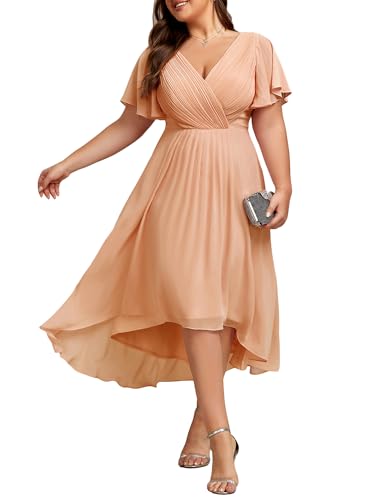 Image of Ever-Pretty Plus Summer Short Sleeves V-Neck Formal Wedding Guest Dresses for Curvy Women Chiffon Midi Cocktail Party Dress