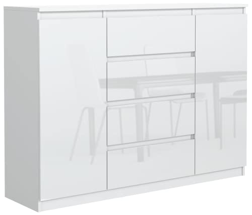 meble kaszczyszyn Kommode Weiß Front Hochglanz 4 Schubladen und 2 Türen 120 cm - Elegantes Sideboard - 120,4 x 101,5 x 39 cm - Modern Kommode - Kommoden & Sideboards Größen