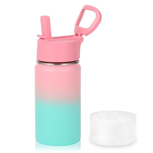 Volhoply Botella de agua térmica de acero inoxidable de 396.9 g con aislamiento a prueba de fugas con tapa de popote y funda de silicona, sin BPA, fácil de usar para niños y niñas, aspiradora de doble