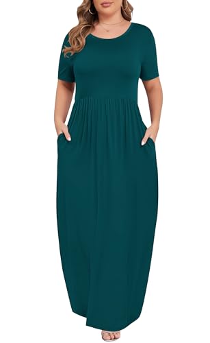 Image of KARALIN Women Plus Size Maxi Dress Short Sleeve Round Neck Loose Fit A-Line | Plus Size Long Dress,Summer Casual Maxi Dresses,Short Sleeve,Side Pockets,Round Neck,Elastic Waist,14 Plus - 26 Plus