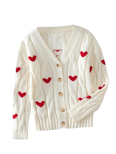 Floerns Girl's Long Sleeve Hearts Print Cardigans Button Up V Neck Cable Knit Sweaters