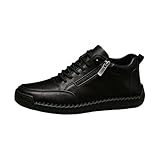 Feizikaw Handgefertigte orthopädische Lederschuhe für Damen und Herren, Bequeme Freizeitschuhe mit seitlichem Reißverschluss, Flache Outdoor Schuhe zum Fahren und Gehen (Black, 43)