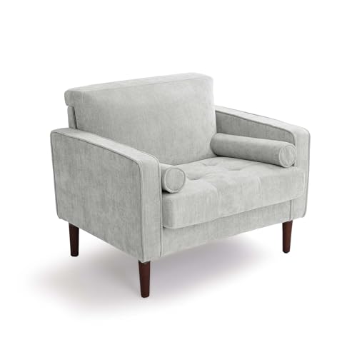 Image of Accent Chair, Chenille Upholstered Armchairs for Living Room, Comfy Single Sofa Bedroom Reading Seat with 2 Bolster Pillows, Light Gray
