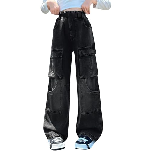 Teens Girls Wide Leg Baggy Jeans High Elastic Waist Denim Cargo Pants Y2K Streetwear Kids Straight Casual Trousers