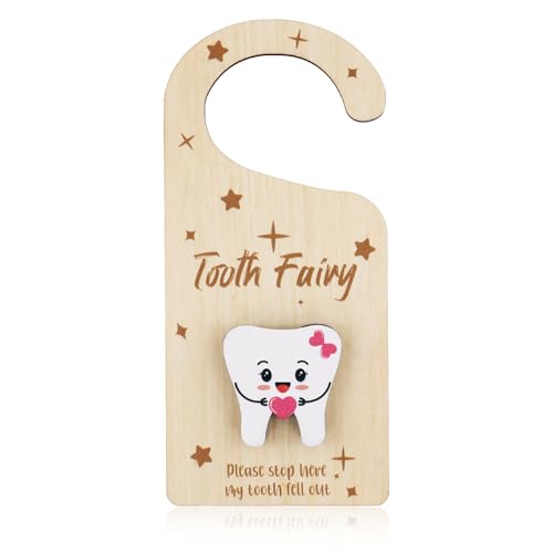 Tooth Fairy Door Hanger, 3D Wooden Tooth Keepsake Box Tooth Door Hanger Cute Hanging Tooth Holder Tooth Box Tooth Fairy Box for Kids Lost Teeth Encourage Gift Room Decoration (Pink)