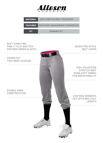 Alleson Athletic Fastpitch Softball Pants for Women. Low Rise Double Knit Grey Softball Pants Made with Stretch Knit Polyester (Style 615PSW) Medium - Thumbnail 2