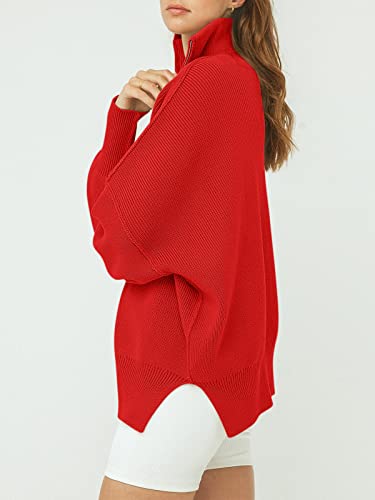 Image of ANRABESS Womens Oversized Quarter Zip Pullover Sweaters | Fall Fashion Outfits, Long Sleeve Slit Side, Baggy Loose Fit, 1 /4 Zip Lapel Collared, Ribbed Knit Soft Warm Winter Clothing