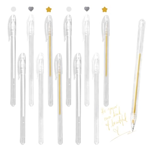 12 lápices de gel con purpurina de oro blanco y plata de 0,8 mm, de gel blanco, resistentes al agua, punta fina, bolígrafos blancos para papel negro oscuro, dibujar, bocetos, bolígrafos de gel para