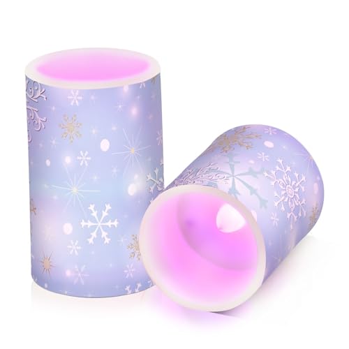 Image of Christmas Lights Decorations Flameless Candles Christmas Silver Snowflake Pillar Candles Set of 2 Battery Operated Remote Control Warm Lights