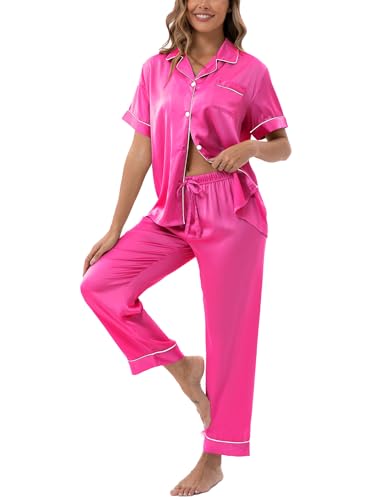 Image of UMBY Silk Satin Pajamas for Women Set 2 Piece button down Soft Silk Pjs Sets Cozy Silky Pajama Short Sleeve