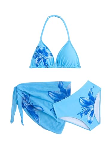 Image of SHENHE Girl's 3 Piece Swimsuits Cute Halter Triangle Bikini Bathing Suit with Beach Cover Up