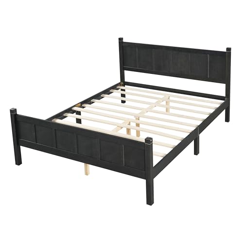 Image of Queen Size Vintage Bed Frame with Headboard, Farmhouse Wooden Platform Bed with Under-Bed Storage, Minimalist Modern Wood Grain Finish Bedframe for Bedroom (Black)