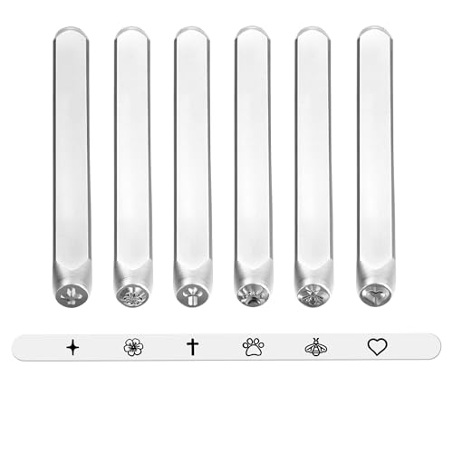 Yoption 6pcs Jewelry Metal Stamping Set, Heart Flower Star Paw Bee Cross Metal Stamps Punch Kit 4mm for Stamping Metal, Jewelry Working
