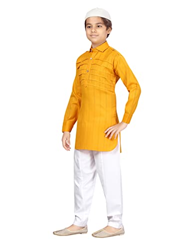 Image of Aarika Boys Yellow-White Color Pathani Kurta Pyjama with Cap Set (C PS-JK-102-YELLOW-WHITE-4)