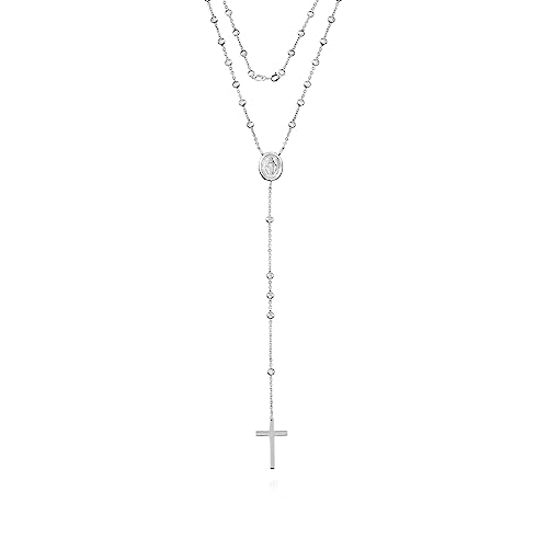 Savlano 925 Sterling Silver 1.5MM Beaded Rosary Miraculous Medallion & Cross Pendant Necklace -18K Gold Plated 19” Inches Y-Necklace Chain for Women, Religious Jewelry Comes with Gift Box - Made in Italy